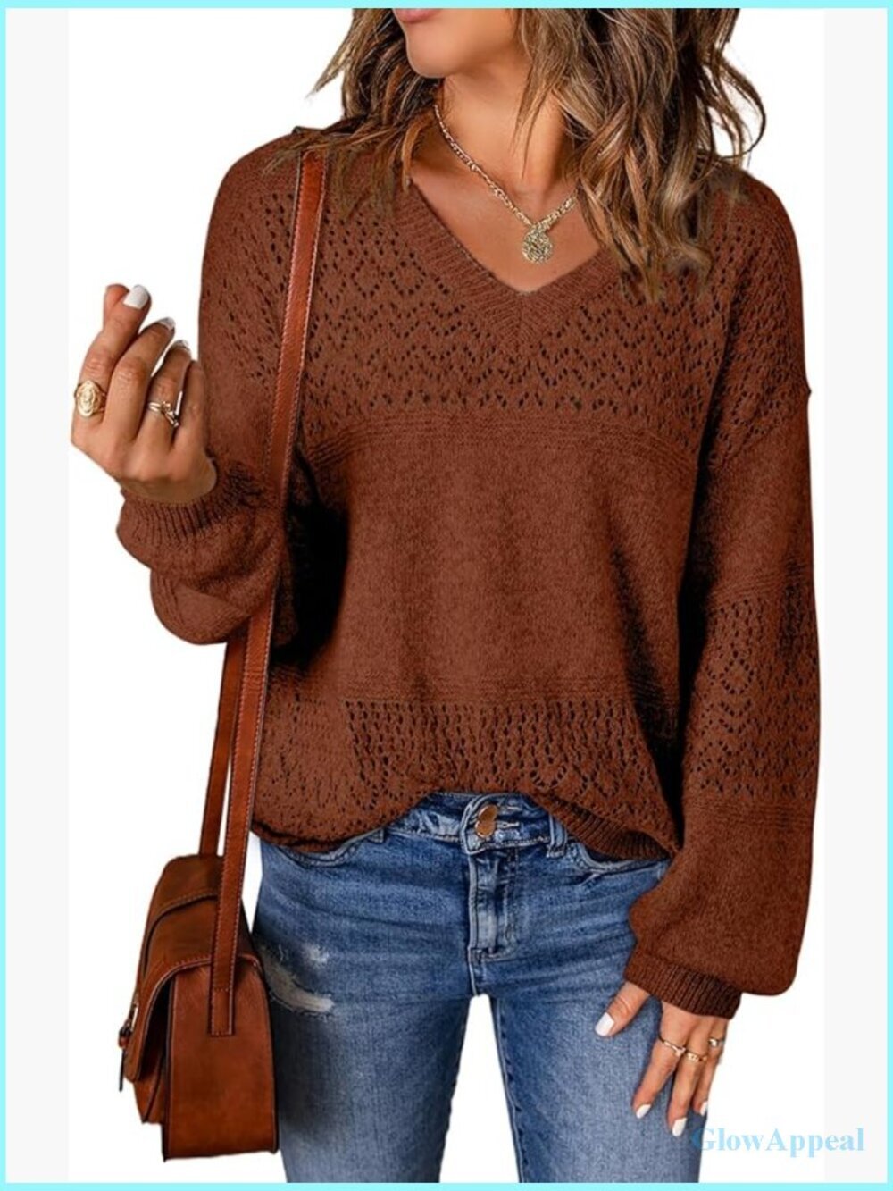 Lightweight Crochet V-Neck Long Sleeve Pullover Sweater